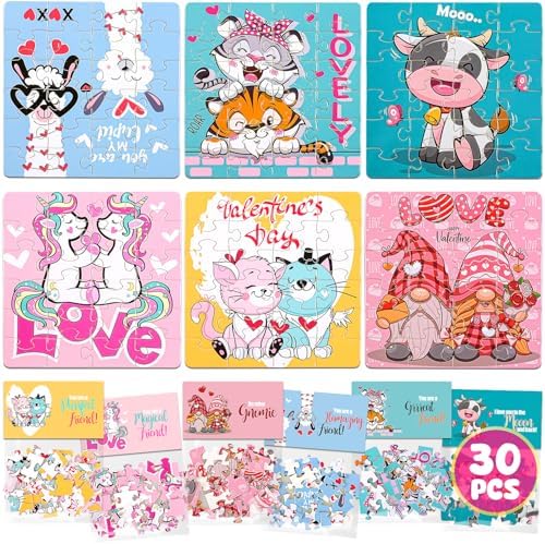 MOVINPE Valentines Day Gifts for Kids - 30 Pack Jigsaw Puzzle with Valentines Cards Headers for Kids - Valentine Day Exchange Gift Puzzle Classroom Prizes for Girls Boys School Class Bulk