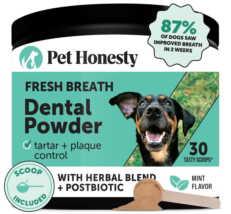 Pet Honesty Dog Breath Freshener Dental Powder for Teeth Cleaning Plaque Off, Dental Care for Dogs, Tartar Remover for Teeth with Natural Herbal Blend + Postbiotics (30 Scoops)