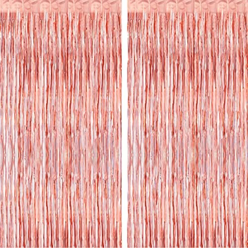 CHRORINE 2pcs 3ft x 8.3ft Rose Gold Tinsel Foil Fringe Curtains Streamers Backdrop for Birthday Graduation Engagement Bridal Shower Bachelorette Baby Shower Holiday Party Decorations