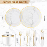 BESTVIP 350PCS Clear Gold Plastic Dinnerware Set, Disposable Party Plates for 50 Guests, Include: 100 Plastic Plates, 50 Pre Rolled Napkins with Silverware, 50 Cups