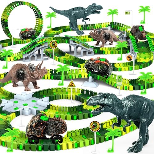 Dinosaur Toys for Kids 3-5, Create A Dinosaur World Road Race Tracks Glow in The Dark Flexible Train Track Playset, 2 Dinosaur Car for 3 4 5 6 Year Old Boys Girls Christmas Birthday Gift