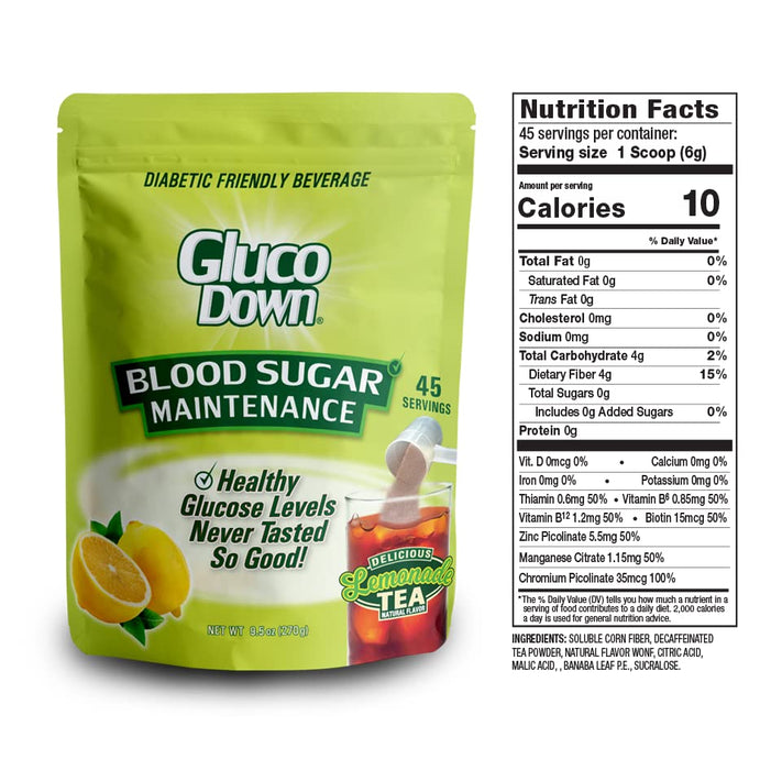 GLUCODOWN, Delicious Lemonade & Tea Mix, Dietary Fiber Formula, Daily Maintenance of Healthy Blood Sugar & Cholesterol, 45 Servings.