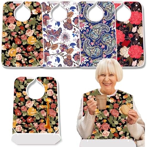 4 Pack Terry Cloth Adult Bibs with Crumb Catcher, Washable Adjustable Adult Bibs for Unisex Men Women Elderly Seniors