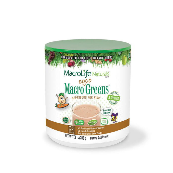 MacroLife Naturals MacroCoco Greens Chocolate Superfood Powder for Kids Raw Fruits Veggies Probiotics & Digestive Enzymes, Immunity Energy, Non-GMO, Vegan, Gluten, Dairy Free - 7oz (32 Servings)