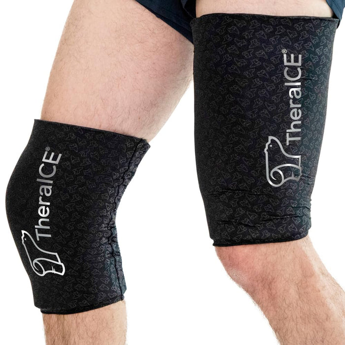 TheraICE Knee Ice Pack Wrap PRO Compression Sleeve, Reusable Gel Cold Packs Brace also for Hamstring & Quad - Flexible Cold Wrap Recovery, FocusZone Technology for Extra Cooling & Pressure (XL)