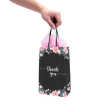 DjinnGlory 50 Pack Small Black & Floral Thank You Paper Bags Spring Gift Bags with Handles 9 x5.5 x3.15 Inches and 24 Pink Tissue Paper for Mother's Day Wedding Baby Shower Birthday Parties