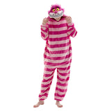 COSUSKET Fitted Unisex Adult Cheshire Cat Onesie Pajamas, Halloween Flannel Women's Cosplay Animal One Piece Costume