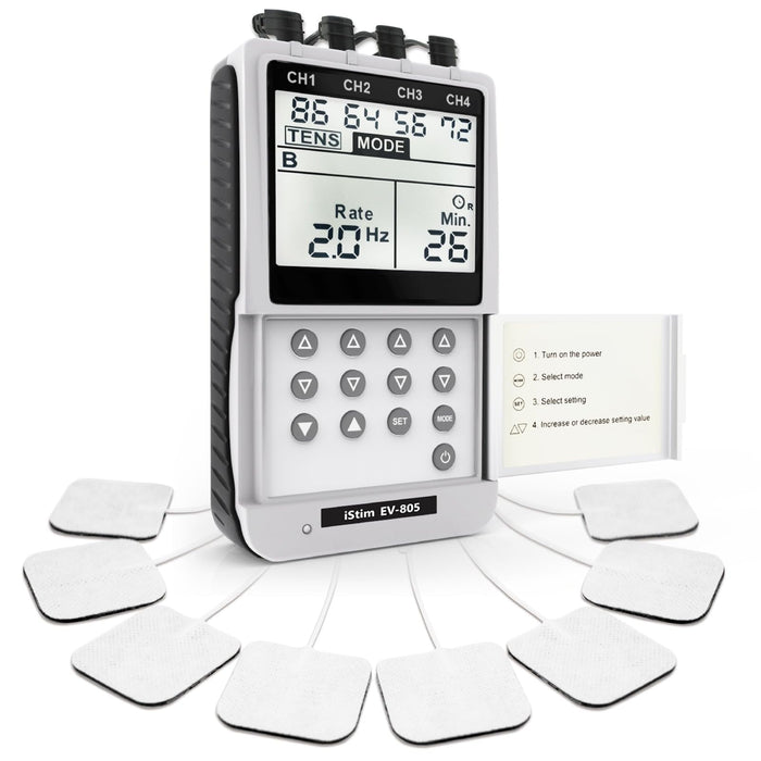 iSTIM EV-805 TENS EMS 4 Channel Rechargeable Combo Machine Unit - Muscle Stimulator + Back Pain Relief and Management- 24 Programs/Backlit (Including Electrodes Pads)