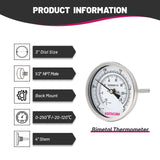 GOATACURA Bimetal Thermometer, Full Stainless Steel, 3" Dial Size, 4" Stem, 1/2" NPT Back Mount, 0-250 Deg F/-20-120 Deg C, 1% Accuracy