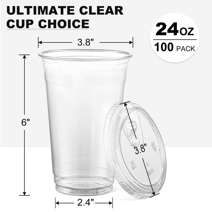 AOZITA 100 Sets - 24 oz Crystal Clear Plastic Cups With Sip Lids, Disposable Cups With Sip Through Lids for Iced Coffee, Smoothie, Milkshake, Cold Drinks