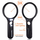 SeeZoom Lighted Magnifying Glass 3X 45x Magnifier Lens - Handheld Magnifying Glass with Light for Reading Small Prints, map, Coins and Jewelry - LED Magnifying Glass