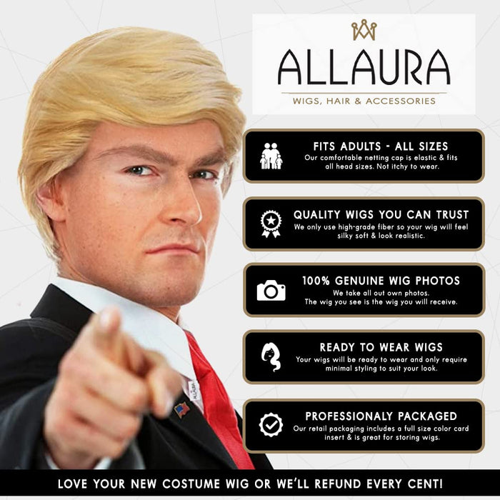 ALLAURA 3pc Donald Wig + Flag Pin + Red Tie | Donald Costume For Adults | Toupee Blonde Donald Wig Couples Halloween Costumes Compatible with Donald Hair Wig