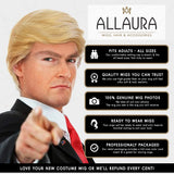 ALLAURA 3pc Donald Wig + Flag Pin + Red Tie | Donald Costume For Adults | Toupee Blonde Donald Wig Couples Halloween Costumes Compatible with Donald Hair Wig