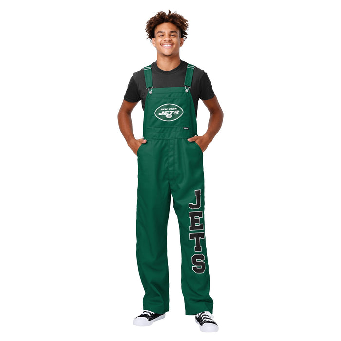 FOCO New York Jets NFL Mens Solid Wordmark Bib Overalls - 3XL