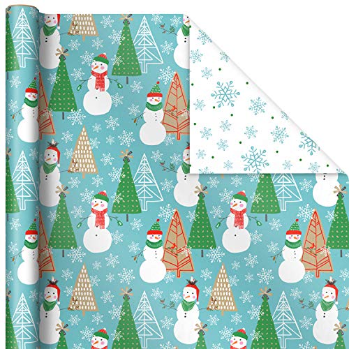 Hallmark Reversible Christmas Wrapping Paper (3 Rolls: 120 sq. ft. ttl) Rustic Santa, Papercraft Snowmen, Candy Canes, Stripes, Snowflakes, "Merry Christmas to You"