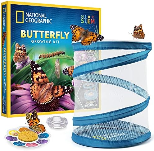 NATIONAL GEOGRAPHIC Butterfly Growing Kit - Butterfly Habitat Kit with Voucher to Redeem 5 Caterpillars (S&H Not Included), Butterfly Cage, Feeder (Amazon Exclusive)