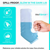 MedVance- Urinals for Men 1000ml with Glow in The Dark Spill Proof Pop Cap Lid, Plastic Pee Bottles for Men, Male Urinals, Pee Container Men, Portable Urinal for Car, Elderly & Incontinence (2 Pack)