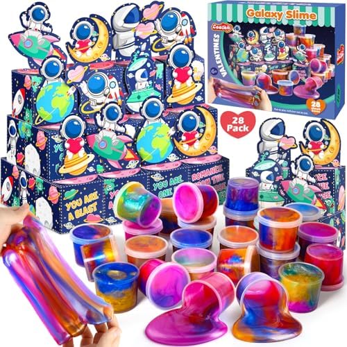 28 Pack Valentines Day Gifts for Kids, Galaxy Slime with Greeting Card Box Stress Relief Fidget Toy for Kids Party Favor Supplies, Classroom Exchange Prizes Valentine School Party Gifts