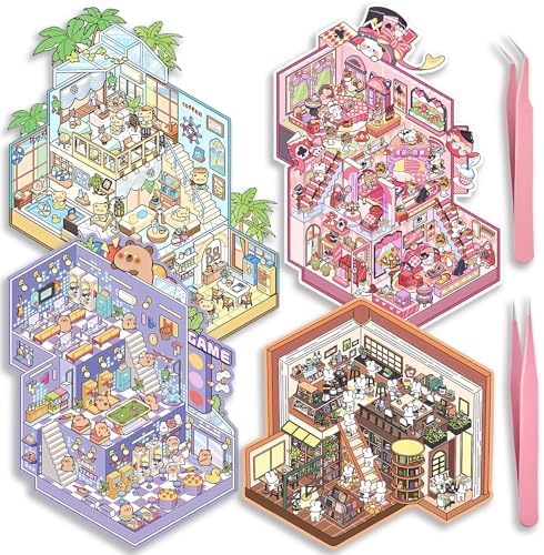 4 Sets Big DIY 3D Sticker Scene Isometric Miniature Room Stickers Book for Kids Adults Cute Make Your Own House Stickers for Gifts Paint by Sticker Third Floor Library Café Castles Game Arcade (A set)