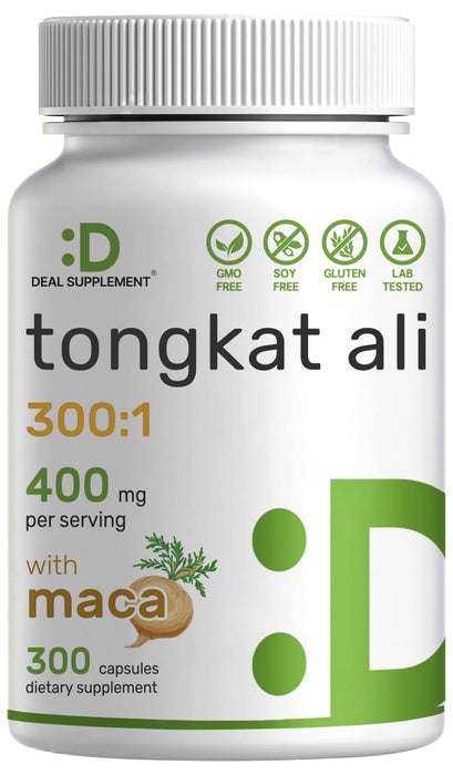 DEAL SUPPLEMENT Tongkat Ali Extract 300:1 400mg & Maca Root 400mg | 300 Capsules, Ultra Strength Longjack (Eurycoma Longifolia) + Peru Maca – Non-GMO, Herbal Supplement for Men Health, Performance