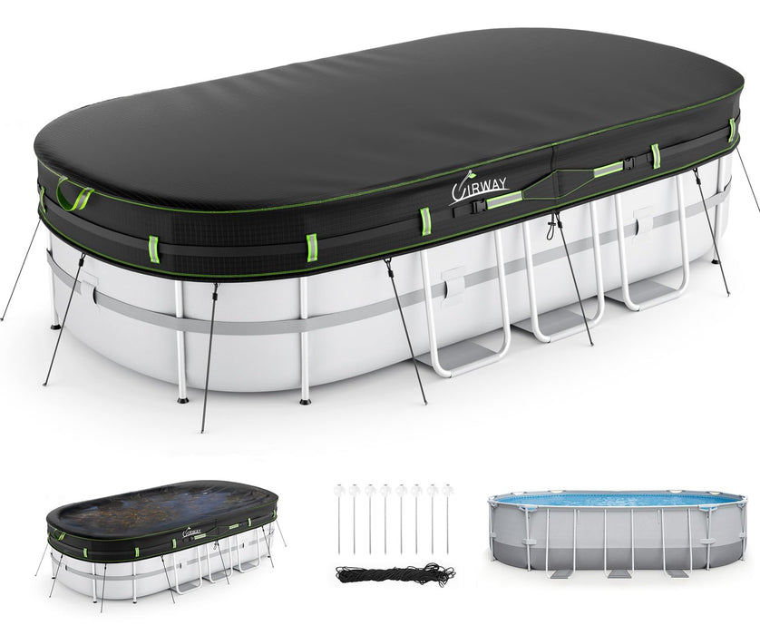 UIRWAY 12x21 FT Oval Pool Cover with Reflective Strips for Above Ground Pool, Oval Solar Pool Cover Including Windproof Rope Tie and Luminous Ground Nails, Swimming Pool Cover with 2 Handles