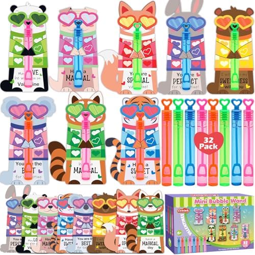 Valentines Day Gifts for Kids, 32 Pack Mini Bubble Wands with Valentines Animal Themes Greeting Cards for Kids, Valentine's Day School Prizes, Classroom Exchange Gift Set Party Favor