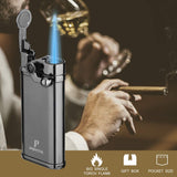 PIPITA 2pcs Torch Lighter Windproof Cigar Lighter Jet Single Flame Cigarette Lighter, Adjustable Flame and Refillbale Fuel Metal Lighter (Butane Not Included) (Lighter)