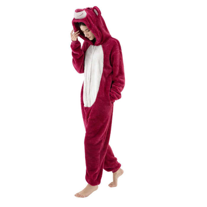 COSUSKET Snug Fit Unisex Adult Lotso Onesie Pajamas, Sherpa Cosplay Bear One Piece Halloween Costume Sleepwear Homewear