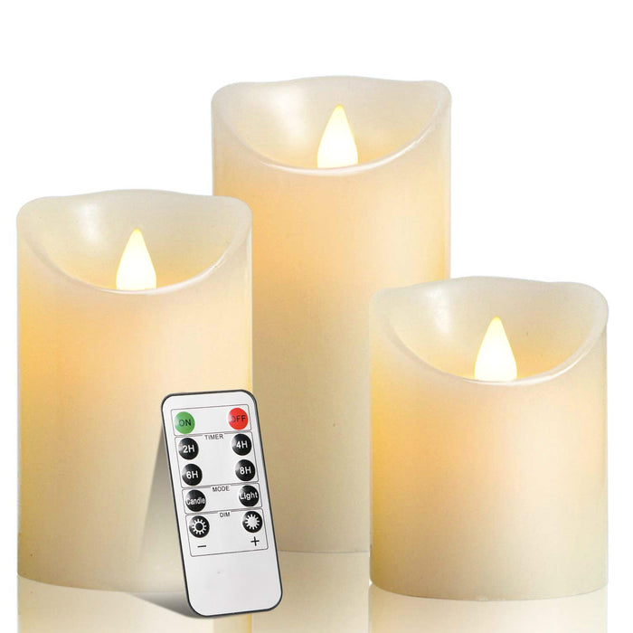 Biyanuo Flameless Battery Operated LED Candles with10key Button Remote Control 24-Hour Timer Set of 3 Electric Flickering Pillar Real Wax，Wedding, Party, Christmas and Home Decoration