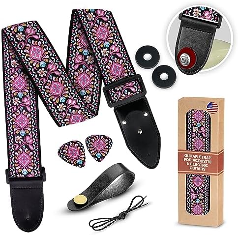 Art Tribute Guitar Strap For Acoustic, Electric and Bass Guitar, Adjustable Pink Woven Strap W/FREE BONUS 2 Picks + Strap Locks + Strap Button. Gift Set For Men & Women Guitar Players