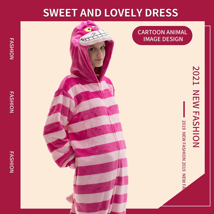 COSUSKET Fitted Unisex Adult Cheshire Cat Onesie Pajamas, Halloween Flannel Women's Cosplay Animal One Piece Costume