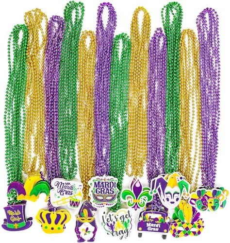 36PCS Mardi Gras Beads, 12 Kinds Metallic Pendant Necklaces, Gold, Green, Purple, Unisex, 33 Inch, Fashion Jewelry