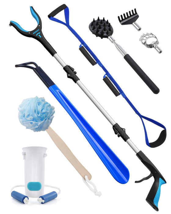 Kekoy 8 in 1 Hip Kit, Seniors Total Hip Replacement After Surgery with 36" Grabber Reacher Tool, Sock Aid Device, Leg Lifter, Long Handle Shoe Horn, Bath Sponge, Telescoping Back Scratcher(Blue)