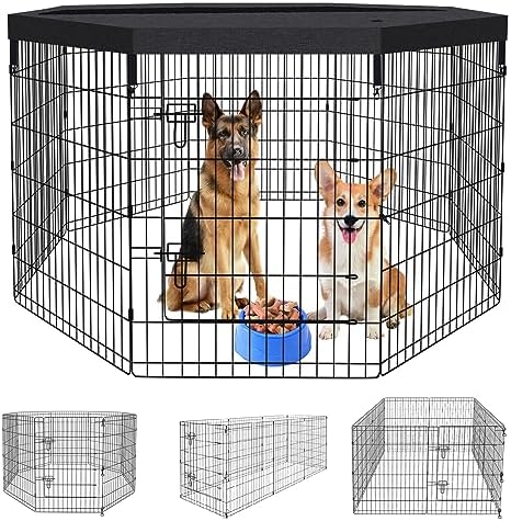 Pet Playpen Dog Fence Foldable Metal Dog Pen Wire Exercise Puppy Play Yard Pet Enclosure Indoor Outdoor 8 Panels 36 Inch with Bottom Pad/Top Cover(Black 36 top Cover)