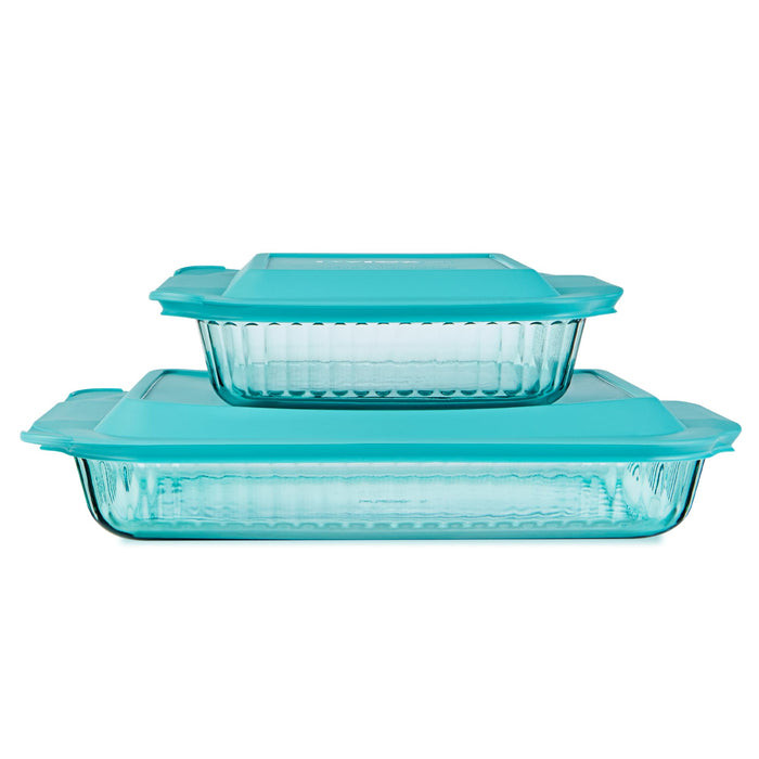 Pyrex Colors Tinted (2-Pack, Full Set) Tinted Glass Baking Dish with BPA-Free Lid, Oblong Bakeware Glass Pan For Casserole & Lasagna, Dishwasher, Freezer, Microwave and Pre-Heated Oven Safe, Aqua