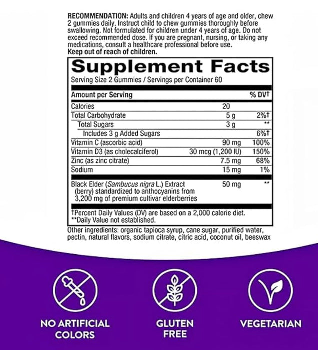 Nature's Way Sambucus Elderberry with Vitamin C and Zinc, 120 Gummies, Daily Immune Support for Kids and Adults*, with Vitamin C, Vitamin D3, Zinc, Gluten Free