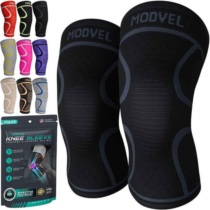 Modvel 2 Pack Knee Brace for Women & Men - Workout Knees Compression Sleeve for Knee Pain Relief Joint Support for ACL, Arthritis, Meniscus Tear Knees Brace for Sports, Rodilleras para Gym Fitness