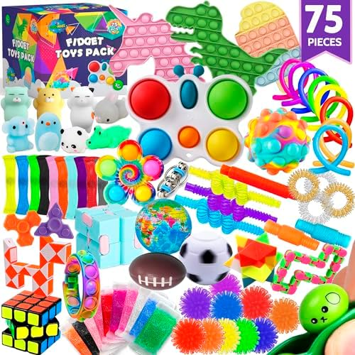 75 pcs Fidget Toys Kids Pack - Pinata Stuffers, Party Favors, Classroom Stress Relief Prizes - Treasure Chest Goodie Bag Rewards with Pop its for Autistic ADHD - Autism Bulk Fidgets Box Gifts for Kids