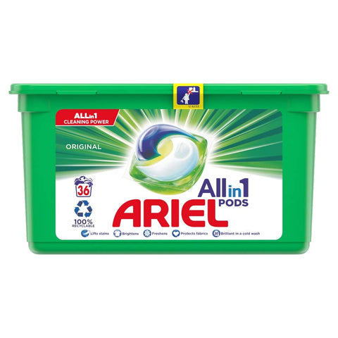 ARIEL All-in-1 PODS, Washing Liquid Laundry Detergent Tablets 36 Washes, Original, Brilliant Stain Removal Even In A Cold Wash, Fresh Scent Of Clean