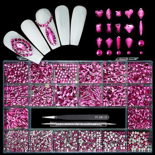 14 Types of 700 Special-Shaped Rose Pink Diamonds + 2100 Flat-Bottomed Rhinestones Mix 20 Styles Flatback Rhinestone Crystals 3D Decorations Flat Back Stones Gems Set +Tweezers + Drill Pen