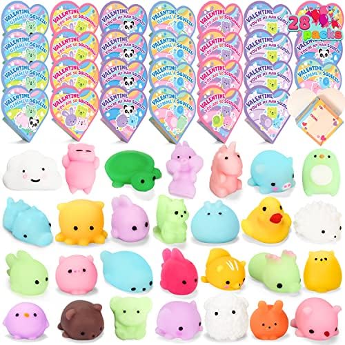 JOYIN 28 Packs Valentine Mochi Squishy Toy with Heart Boxes Party Favors Set for Kids Valentine Classroom Exchange, Holiday Party Game Prizes School Gift Exchange Classroom Rewards