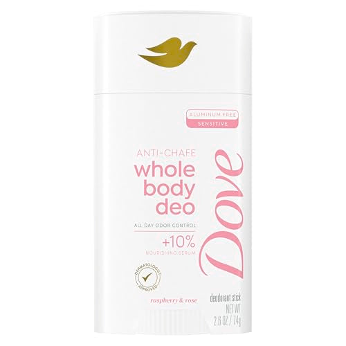 Dove Whole Body Deo Aluminum Free Anti-Chafe Deodorant Stick Raspberry & Rose for 72h Odor Control 2.6 Oz