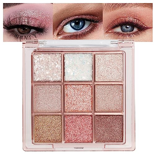 9Colors Glitter Eyeshadow Palette,Pink White Gold Glitter Shimmer Sparkly Eye Shadow Palette Makeup,Warm Pastel Eyeshadows Palette Long Lasting Waterproof Naturing-Looking Women Girls Eye Shadow