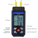 K/J Type Thermocouple Dual Channel Thermometer, T1-T2 Channel Temperature Measurement Wide Range Digital Thermometer with Backlight and Thermocouple Temperature Compensation