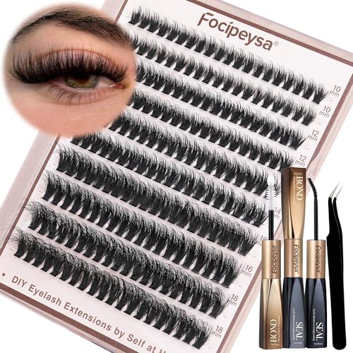 Focipeysa Fluffy Lash Clusters Kit D Curl Lashes Extensions Thick Volume Eyelash Clusters DIY Eyelash Extension with Lash Glue Lash Bond and Seal 10-16mm Fluffy Cluster Eyelash Extension DIY Lashes