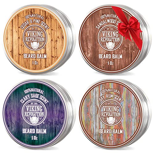 Viking Revolution 4 Beard Balm Variety Pack (1oz Each)- Sandalwood, Pine & Cedar, Bay Rum, Clary Sage - Beard Butter Styles, Strengthens and Softens Beards and Mustaches - Beard Wax for Men