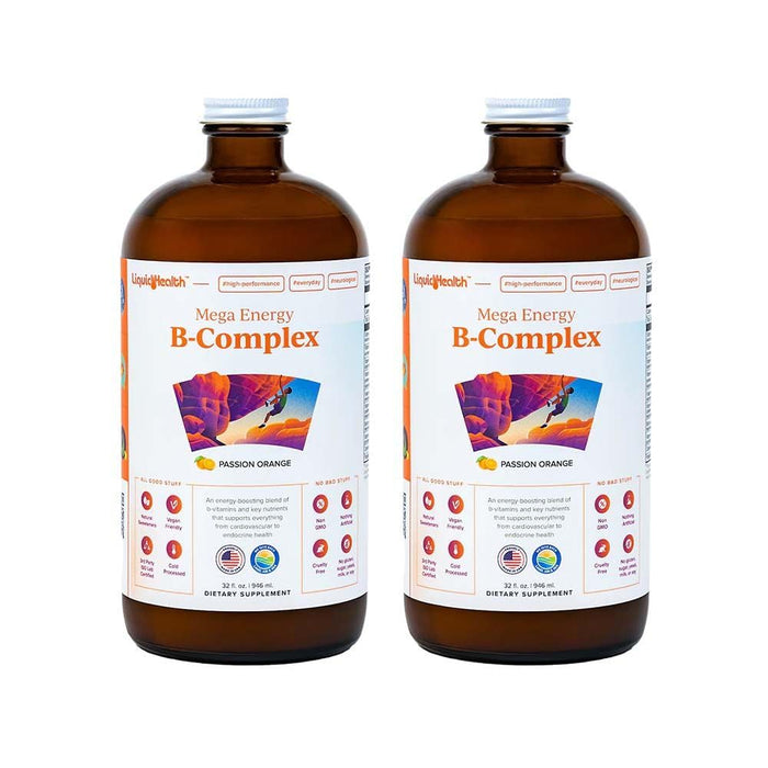 LIQUIDHEALTH 32 Oz B Complex Liquid Super Mega Energy Active B Vitamins Supplements Bcomplex Methlayted, Vegan, Gluten, Soy, Sugar Free - 2 Pack