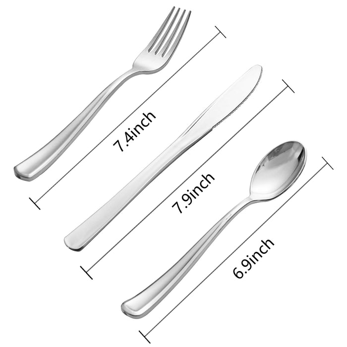 WDF 500PCS Silver Plastic Silverware - Silver Cutlery Plastic Silver Utensils - 250 Silver Forks, 125 Silver Spoons, 125 Silver Knives, Heavy Duty Plastic Silverware Sets For Parties, Wedding