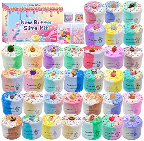 Butter Slime Kit 34 Packed Two-Toned Colorful Slime, Stress Relief Toys, Party Favors for Kids Girl Boys Kids 6 7 8 9 10 11 12