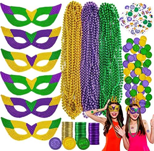 MGparty 168 PCS Mardi Gras Accessories - Masks Beads Necklaces Coins Tattoos Carnival Parade Masquerade Party Decorations Supplies
